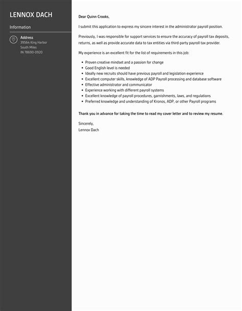 Administrator Payroll Cover Letter Velvet Jobs