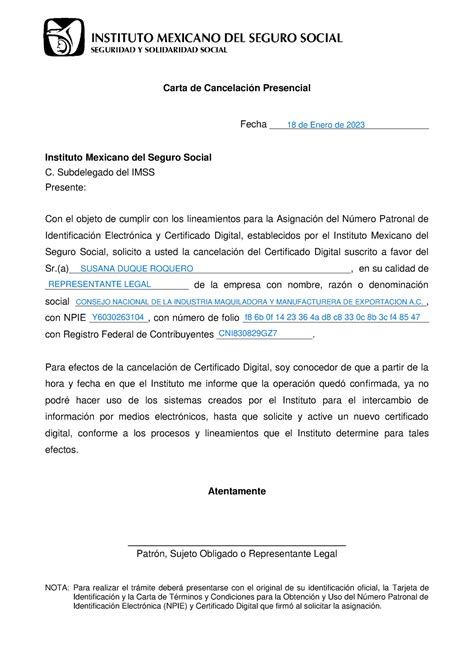 Solicitud Cancelacion De Certificado Digital Presencial Carta De