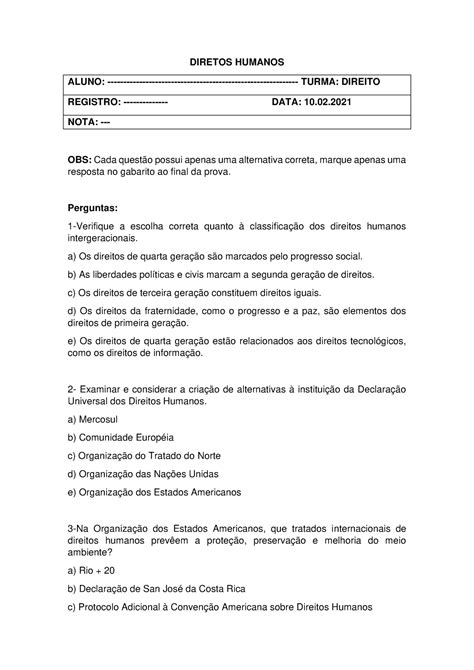 Prova sobre as gerações de direito DIRETOS HUMANOS ALUNO TURMA