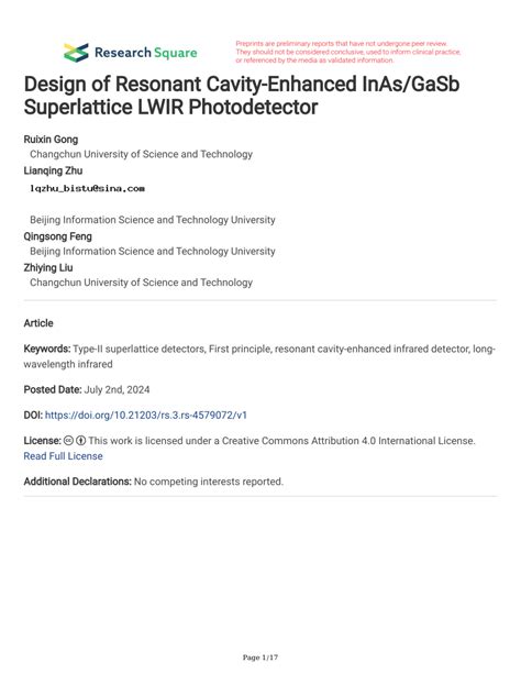 Pdf Design Of Resonant Cavity Enhanced Inas Gasb Superlattice Lwir