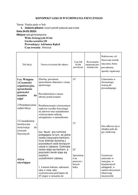 Pad W Bok Metodyka Nauczania Konspekt Lekcji Wychowania Fizycznego