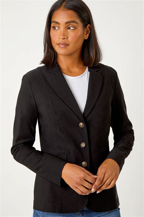 Black Button Detail Stretch Blazer Roman Uk