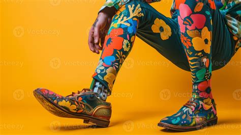 A man with a prosthetic limb adorned with bright whimsical body art
