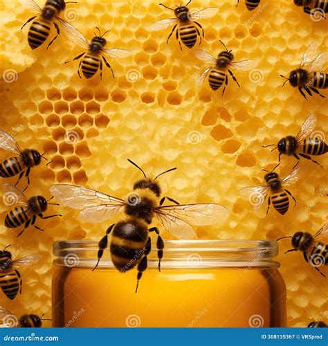 A Jar Of Honey Is Encircled By Buzzing Bees On A Golden Honeycomb Stock