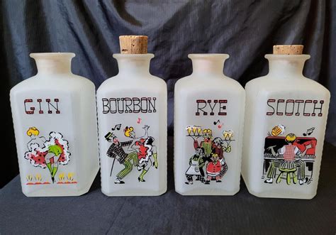 Gay Fad Studios Nineties Decanters Liquor Bottle Set Gin Rye Bourbon Scotch Character Bottles