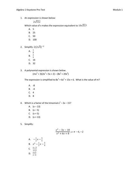 Alg 1 Keystone Module 1 Pre Test Worksheets Library