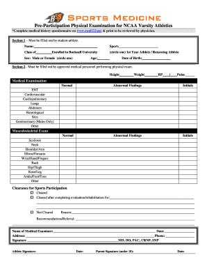 Fillable Online Pre Participation Physical Examination For Ncaa Varsity