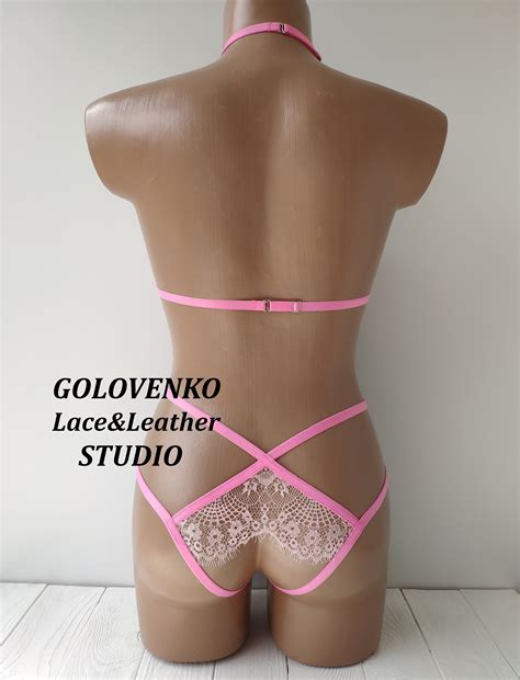 Pink Elastic Lingerie With Pale Pink Lace Pink Crotchless Etsy