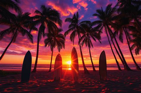 Tropical Beach Sunset With Palm Trees And Surfboards Stock Photo