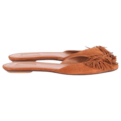 Aquazzura Ballerines Plates Peep Toe Franges En Daim Marron Suede Ref