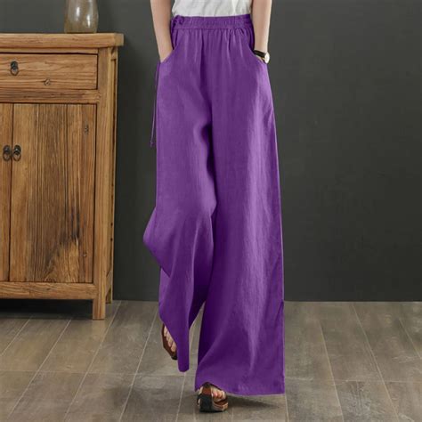 New Vintage Linen Elastic Waist Wide Leg Pants Women Long Trousers