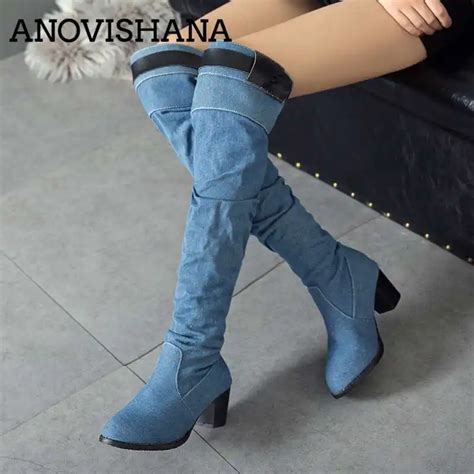 Anovishan Spring Autumn New Denim Boots Women Knee High Boots Shoes