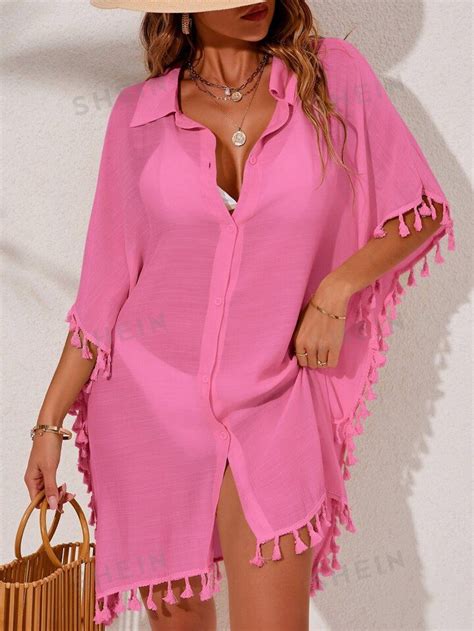 SHEIN Swim Tassel Trim Batwing Sleeve Button Front Kimono SHEIN USA