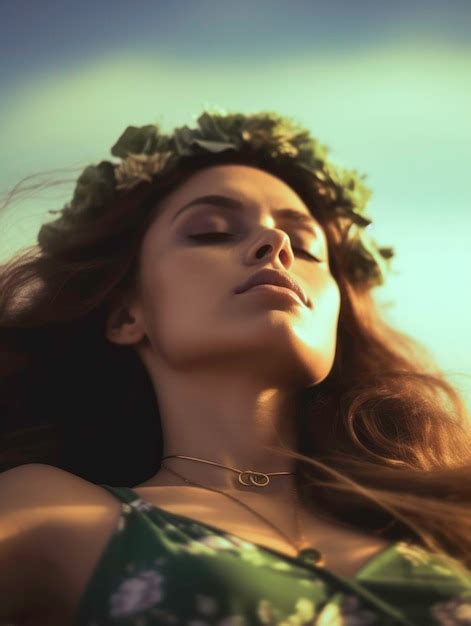 Premium AI Image Closeup Of A Girl Lying On The Sand In A Green Bikini And A Flower Crown And