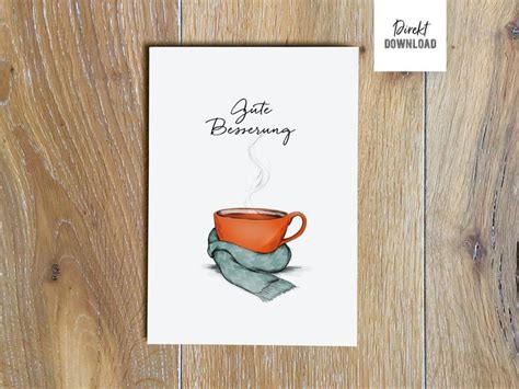 Druckdatei Klappkarte Gute Besserung Illustration Teetasse Mit Schal