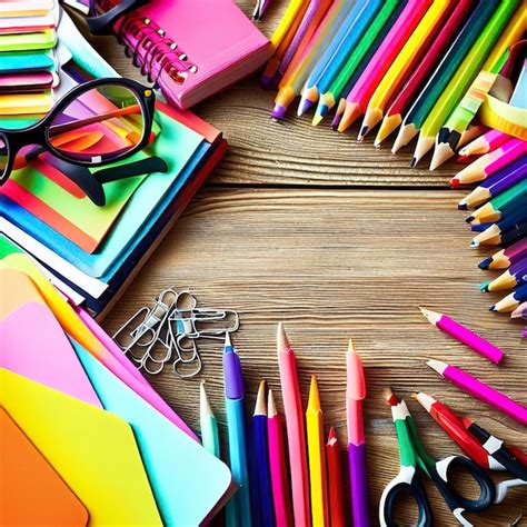 Premium AI Image | Various colorful school supplies on wooden table ...