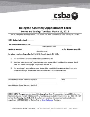 Fillable Online Csba Delegate Assembly Appointment Form CSBA Csba