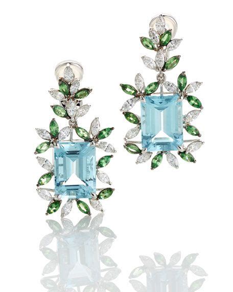 Alexander Laut 18K White Gold Tsavorite Aquamarine Earrings With