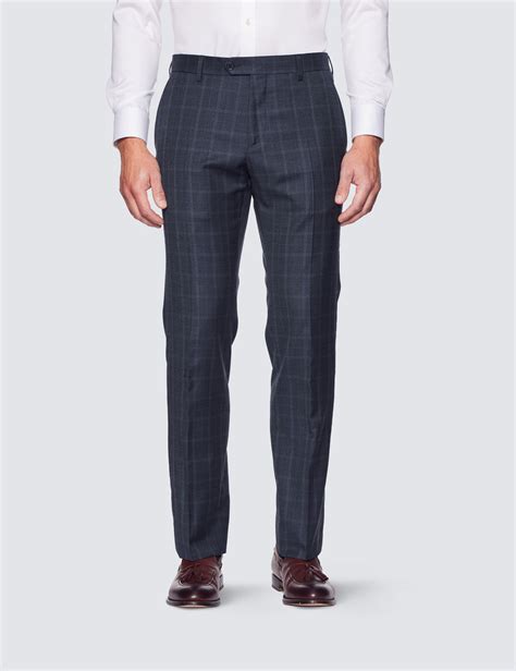 Men S Dark Blue Windowpane Plaid Slim Fit Suit Pants