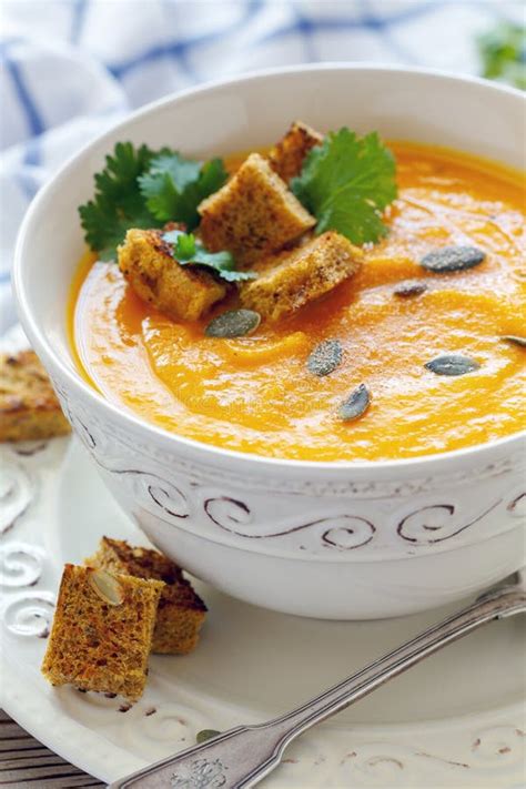 Bowl with Spicy Pumpkin Soup and Croutons. Stock Photo - Image of ...