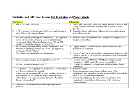 Photosynthesis vs. Respiration Chart