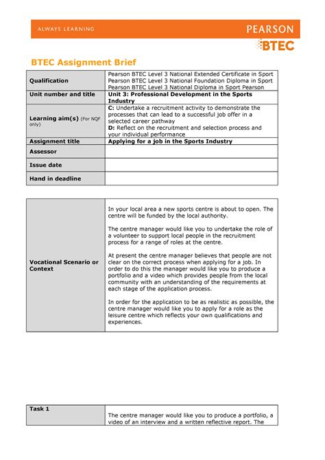 Unit 3 Aim C And D Brief Btec Assignment Brief Qualification Pearson