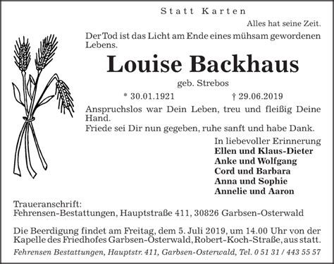 Traueranzeigen Von Louise Backhaus Trauer Anzeigen De