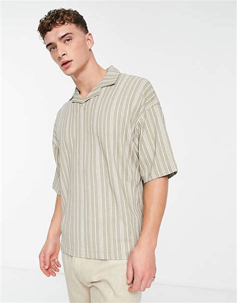 Asos Design Oversized Polo T Shirt In Stripe Texture With Revere Collar