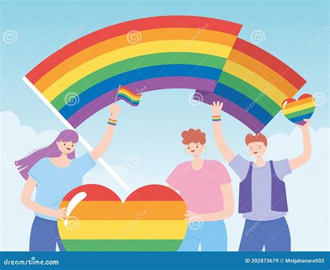 Lgbtq Community Characters Holding Rainbow Heart And Flags Gay Parade