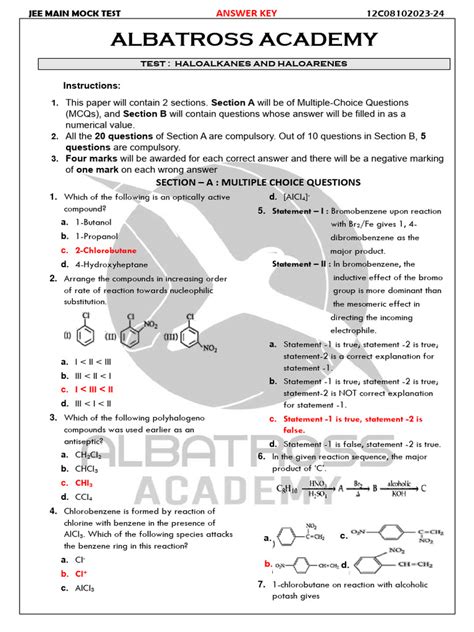 Answer Key JEE MAIN Test Haloalkanes and Haloarenes | PDF