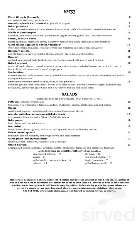 Menu - West Hartford CT's Arugula Bistro | Sirved