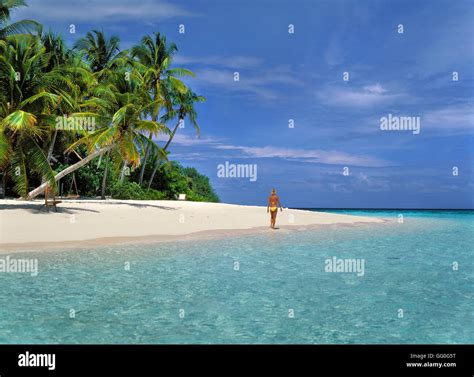 Fille En Bikini Jaune Sur Les Maldives Angsana Ihuru Island Beach North Male Atoll Maldives