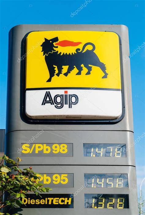 AGIP gas fuel station with prices in euro for unleaded and leade ...