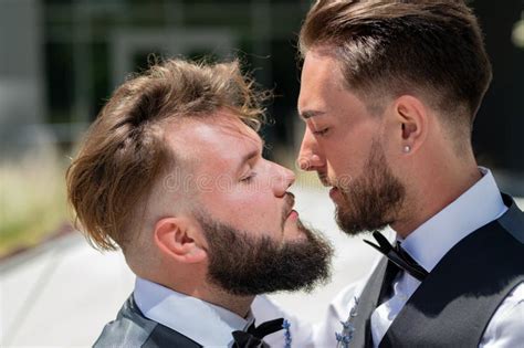 Portrait Of Sensual Gay Couple In Love On Wedding Day Romantic Men Same Sex Marriage Gay