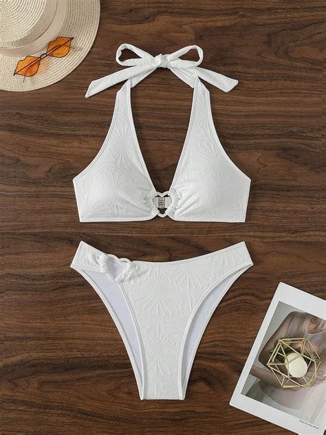 SHEIN Swim Summer Beach Heart Shaped Ring Decorated Halter Bikini Swimwear Set SHEIN USA