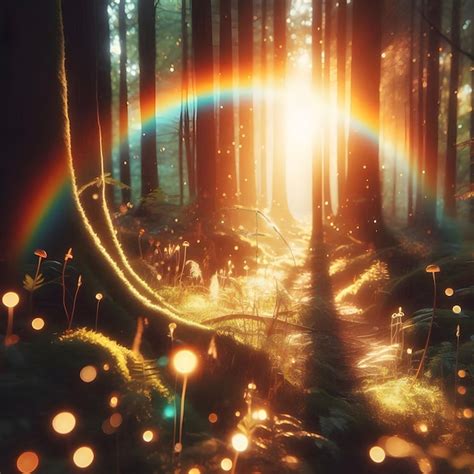 A Rainbow In The Sky And The Sun Shining Through The Trees Premium Ai