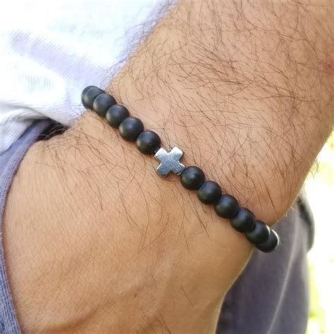 Mens Cross Bracelet Black Onyx Beads Bracelet Bracelet For Etsy