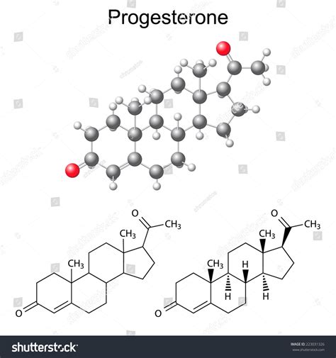 Structural Chemical Formulas And Model Of Progesterone Molecule Female Sex Hormone 2d And 3d