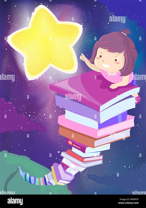 Illustration Of A Kid Girl Climbing A Stack Of Books Reaching For A