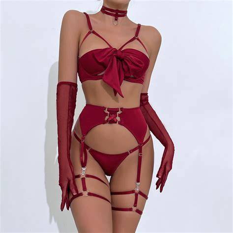 Herrnalise Lingerie Women S Lingerie Solid Color Bow Splicing Set