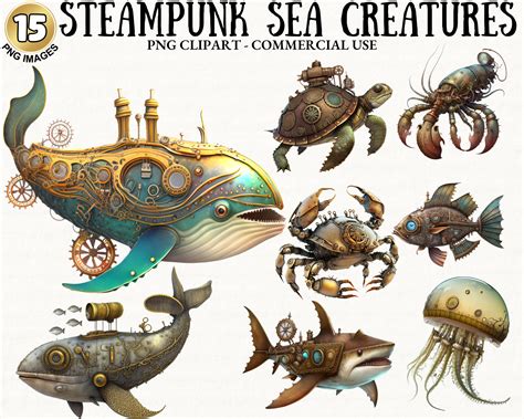 30 Steampunk Sea Creatures Clipart Bundle Steampunk Shark Whale Crab