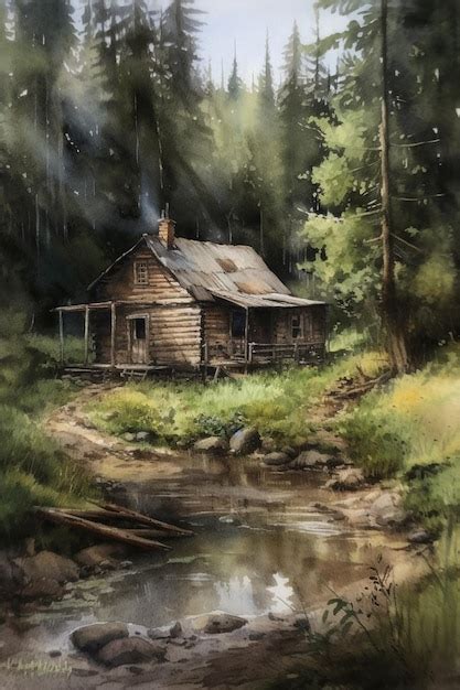 Premium AI Image | A painting of a cabin in the woods