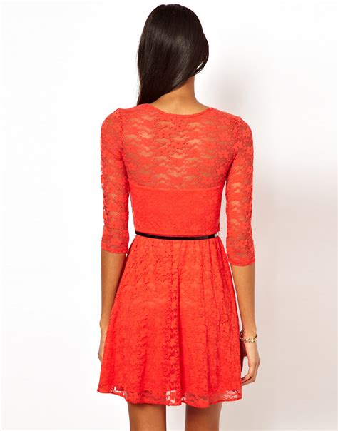 Asos Skater Dress In Lace With 34 Sleeves And Belt In Natural Lyst