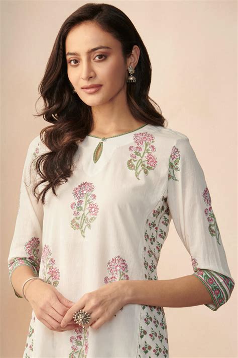 Buy White Hand Block Printed A Line Cotton Kurta For Women FGMK22 120