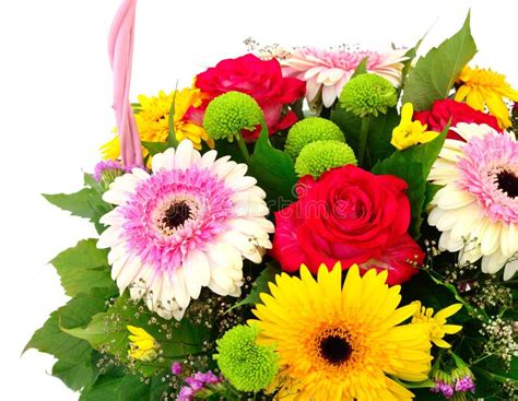 Beautiful Bouquet Of Bright Flowers In Basket Stock Photo Image Of