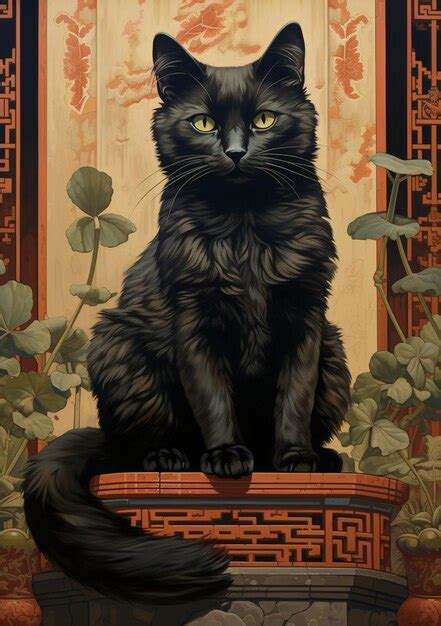 Premium Photo Painting Of A Black Cat Sitting On A Ledge In Front Of