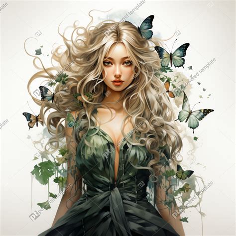 Blonde Fairy With Messy Bun Green Leaf Dress And Wings Illustration AI Image