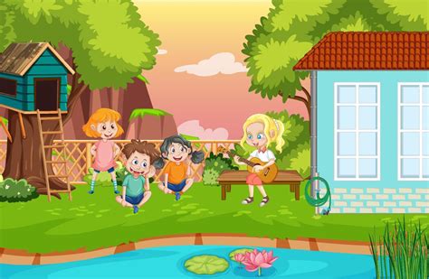 Backyard background with cartoon kids 8137746 Vector Art at Vecteezy