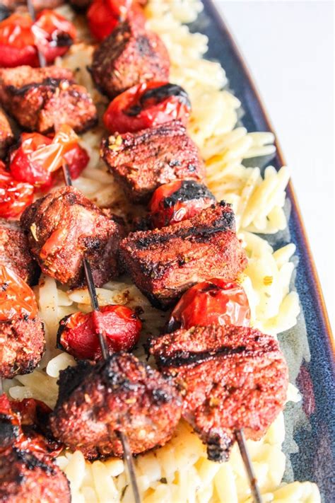 Grilled Southwestern Beef And Tomato Kebabs With Lemon Orzo