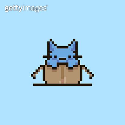 Simple Flat Pixel Art Illustration Of Cartoon Cute Kitten Sitting In An